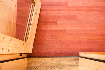 Porch entrance open glass door wood grain color