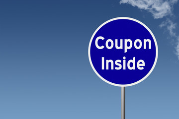 Sign with text Coupon Inside on sky background
