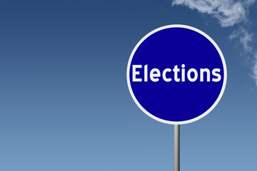 Sign with text Elections on sky background