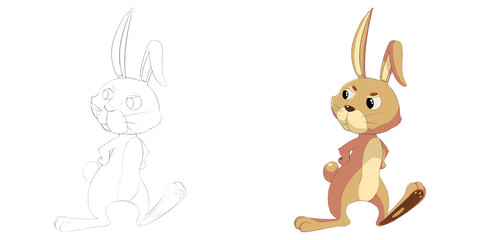Creative Illustration and Innovative Art: Animal Set: The Sketch Line Art and Coloring Result: Happy Bunny. Realistic Fantastic Cartoon Style Artwork Scene, Wallpaper, Story Background, Card Design
