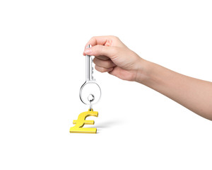 Hand holding silver key with golden pound symbol shape keyring