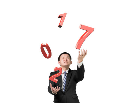 Man catching throwing 2017 red words