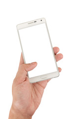 Hand holding the white smartphone.