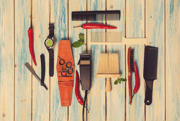Hair Salon Equipment set for man on blue wood background. Spring, summer, mint and pepper,...