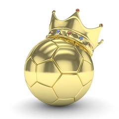 Golden soccer ball with golden crown on white background. 3D rendering.