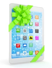 White tablet with green bow and icons. 3D rendering.