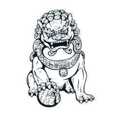Handdrawn oriental tiger, asian lion, chinese temple guard