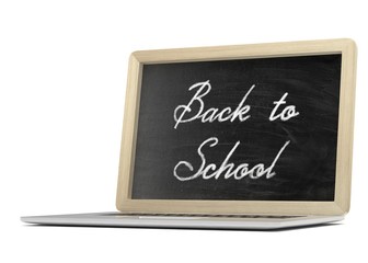 Obraz premium Laptop with chalkboard, back to school, education concept. 3d rendering.