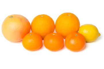 Mixed citrus fruit including lemon, grapefruit, oranges and mandarines isolated on a white background