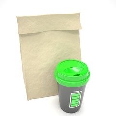 Coffee to go and lunch bag, on white. 3d rendering.