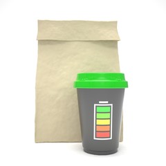 Coffee to go and lunch bag, on white. 3d rendering.