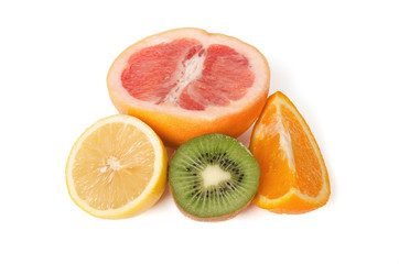 Grapefruit, orange, kiwi and lemon isolated on white