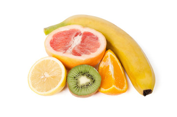 Fototapeta na wymiar Grapefruit, orange, kiwi, banana and lemon isolated on white