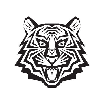 Tiger head - vector logo concept illustration in classic graphic style. Tiger head silhouette sign. Tiger head tattoo. Bengal tiger head creative illustration. Black & white. Jaws mouth grin shops.