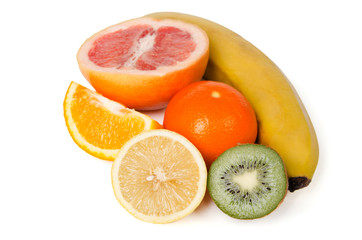 Grapefruit, orange, kiwi, banana, mandarin and lemon isolated on white