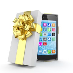 Smartphone in gift box. Isolated on white background. 3d rendering.