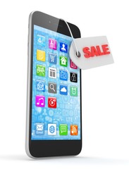 Smart phone with red sale label on white background. Best offer. Leader of sales. 3D rendering.