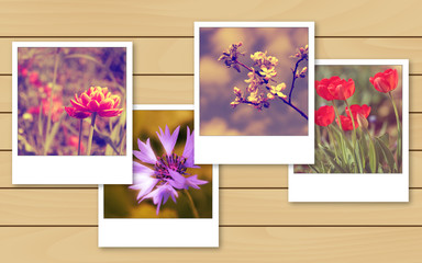 Vintage flowers photo on wooden table, photo collage