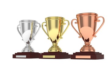 Three cups on white background. 3D rendering.