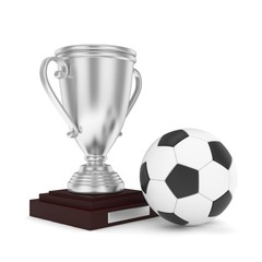 Isolated silver cup with ball on white background. Soccer and football. Second place trophy. Game and competition. 3D rendering