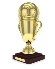 Golden cup and golden ball on white background. 3D rendering.