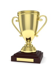 Golden cup on white background. 3D rendering.