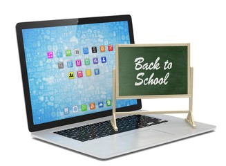 Fototapeta premium Laptop with chalkboard, back to school, online education concept. 3d rendering.