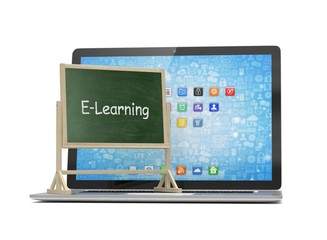  Laptop with chalkboard, e-learning, online education concept. 3d rendering.