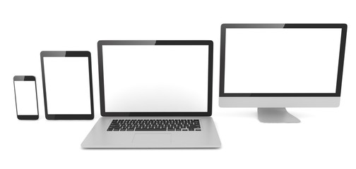 Responsive web design, laptop, smartphone, tablet, computer, display. 3d rendering.