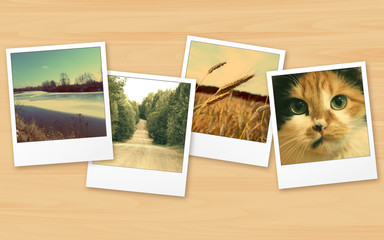 Fototapeta premium Vintage photo on wooden table, photo collage