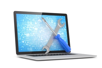 3D Illustration Wrench and screwdriver on laptop, service concept