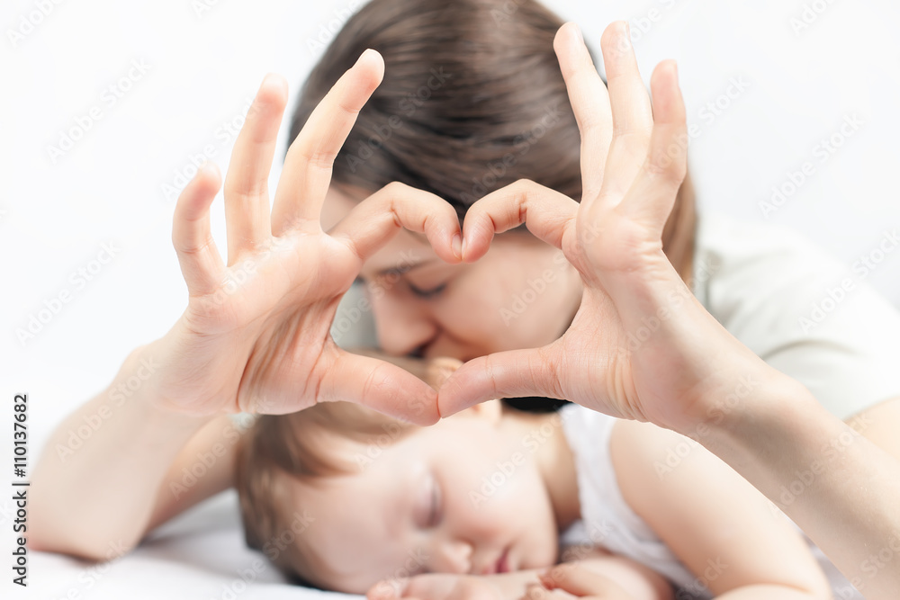 Wall mural happy mother and baby