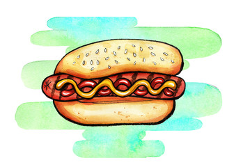 Hot Dog with mustard, ketchup and grill marks on green blue hand drawn watercolor bsckground