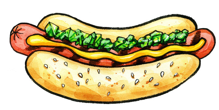 Hot Dog with mustard, grill marks and green relish