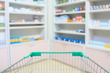 shopping cart with blur medicines shelves in the pharmacy