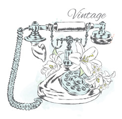 Vintage telephone with flowers. Vector illustration.