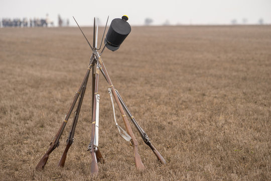 Reenactment of the Battle of the Three Emperors (Battle of Austerlitz) in 1805. Still-life of rifles on a field.