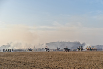 Re-enactors uniformed as soldiers attend the re-enactment of the Battle of the Three Emperors (Battle of Austerlitz) in 1805.