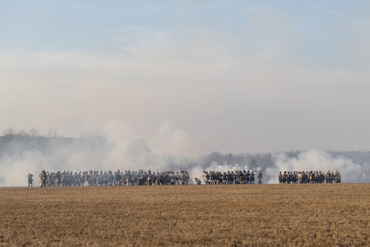 Re-enactors uniformed as soldiers attend the re-enactment of the Battle of the Three Emperors (Battle of Austerlitz) in 1805.