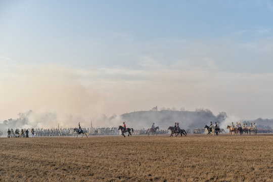 Re-enactors uniformed as soldiers attend the re-enactment of the Battle of the Three Emperors (Battle of Austerlitz) in 1805.