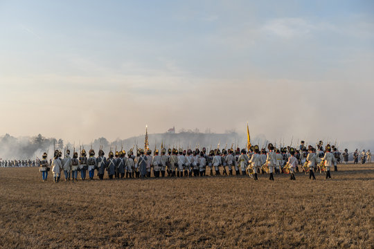 Re-enactors uniformed as soldiers attend the re-enactment of the Battle of the Three Emperors (Battle of Austerlitz) in 1805.