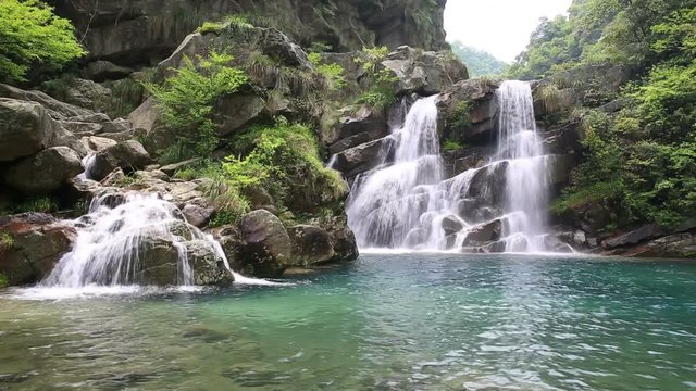 the double waterfall from ravine in lushan scenic area  ,China

