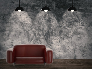 red leather sofa on cement wall background