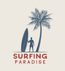 Vintage surfing logo, emblem, poster, label or print with surfer