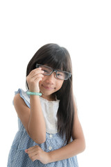 Portrait of cute asian girl wearing glasses looking up