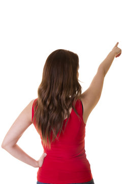 Beautiful Girl In A Red Shirt On A White Background Studio Photo