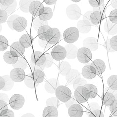 Branches with round leaves. Watercolor background. Seamless pattern 11