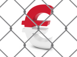 Monaco Flag Euro Symbol Behind Chain Link Fence with depth of field - 3D Illustration