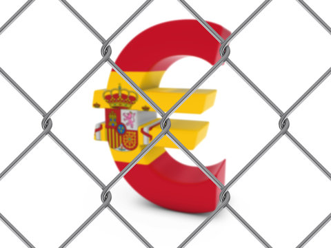 Spanish Flag Euro Symbol Behind Chain Link Fence with depth of field - 3D Illustration