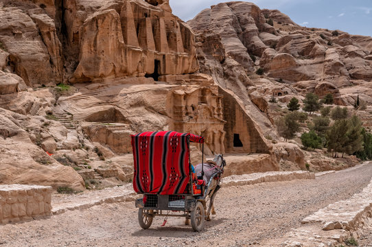 Tourist transport (carriage) near entrance to famous Petra site. Petra, Jordan.